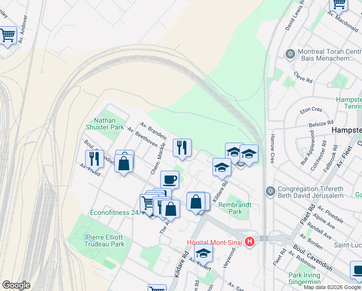 map of restaurants, bars, coffee shops, grocery stores, and more near 5885 Avenue Marc Chagall in Côte Saint-Luc