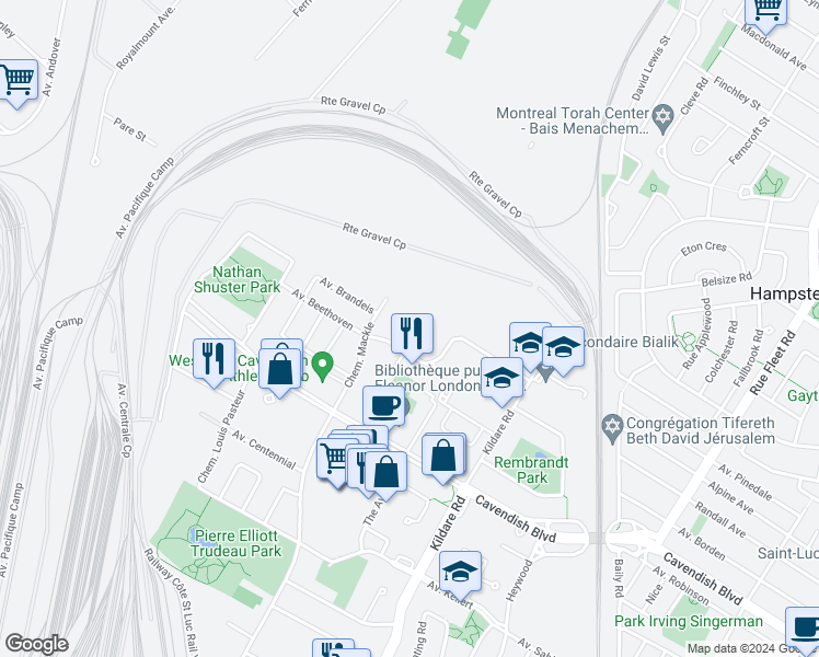 map of restaurants, bars, coffee shops, grocery stores, and more near 5885 Avenue Marc Chagall in Côte Saint-Luc