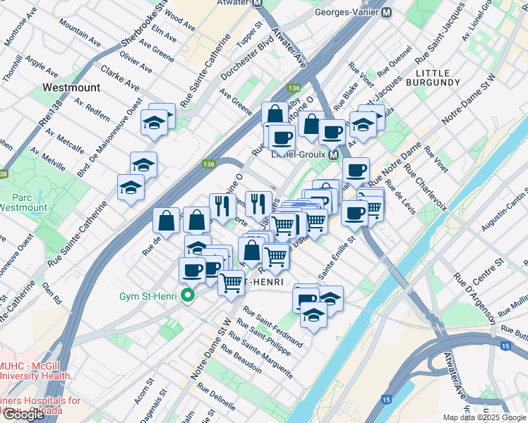 map of restaurants, bars, coffee shops, grocery stores, and more near 701 Rue Irène in Montréal