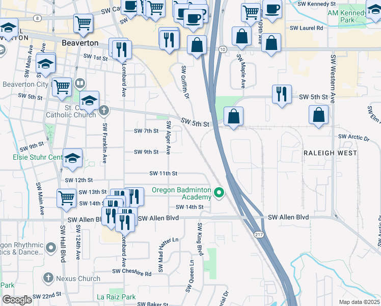 map of restaurants, bars, coffee shops, grocery stores, and more near 5476 Southwest Alger Avenue in Beaverton