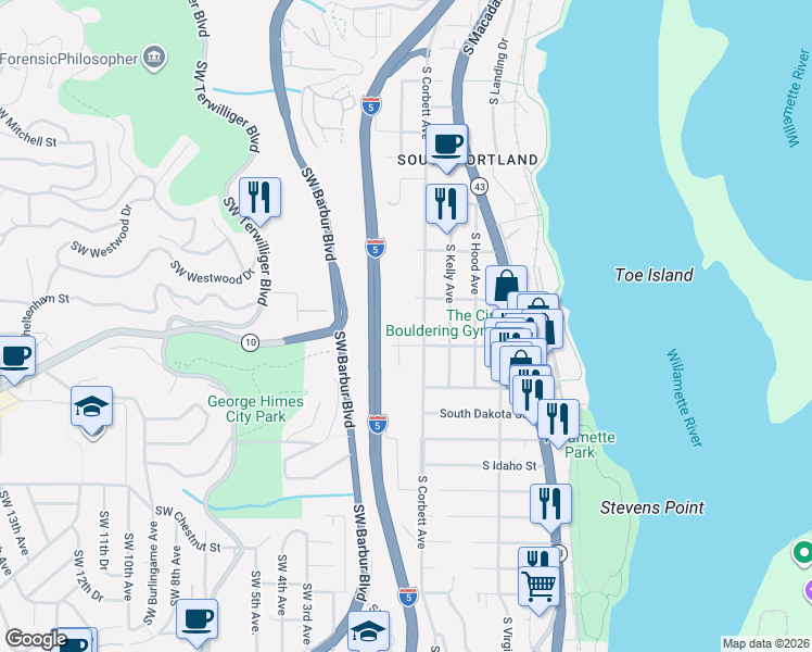 map of restaurants, bars, coffee shops, grocery stores, and more near 6006 Southwest View Point Ter in Portland