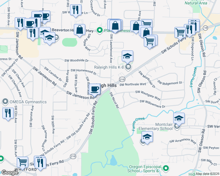 map of restaurants, bars, coffee shops, grocery stores, and more near SW Scholls Ferry Rd & SW Laurelwood Ave in Beaverton