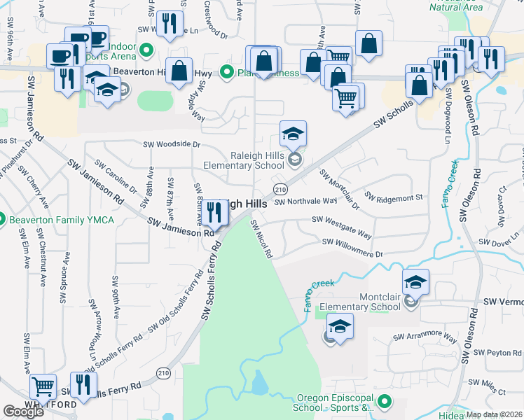 map of restaurants, bars, coffee shops, grocery stores, and more near 5400 Southwest Scholls Ferry Road in Portland