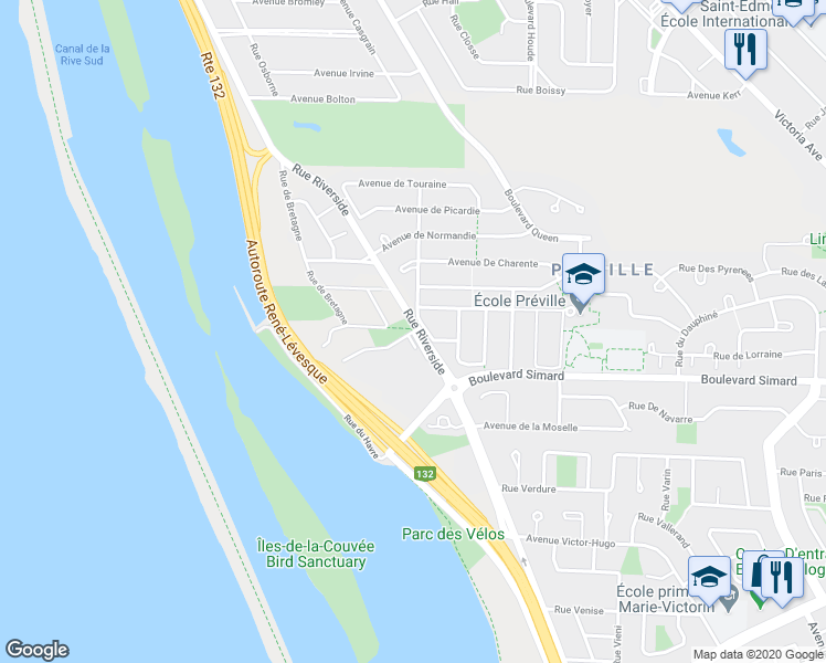map of restaurants, bars, coffee shops, grocery stores, and more near 20 Avenue du Rhône in Saint-Lambert