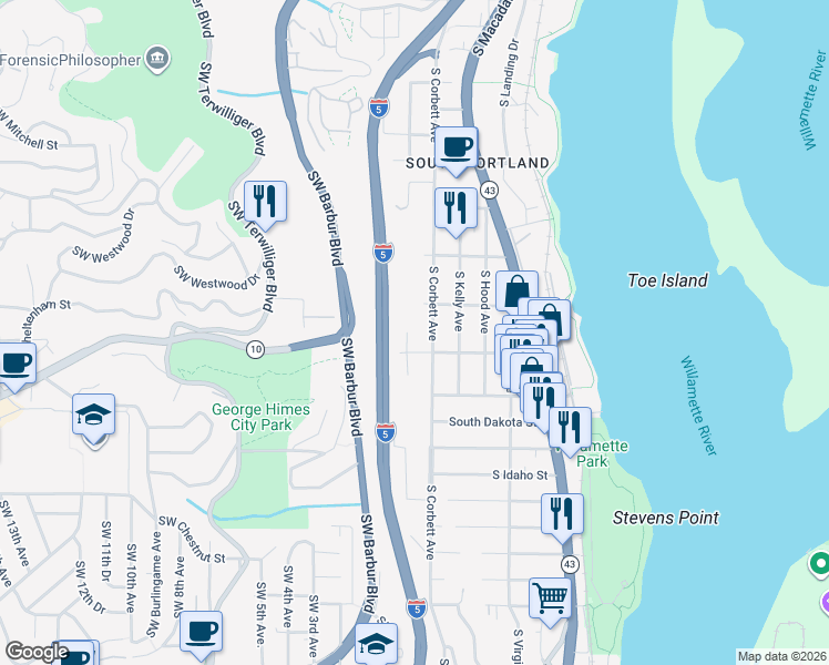 map of restaurants, bars, coffee shops, grocery stores, and more near 6006 South View Point Terrace in Portland