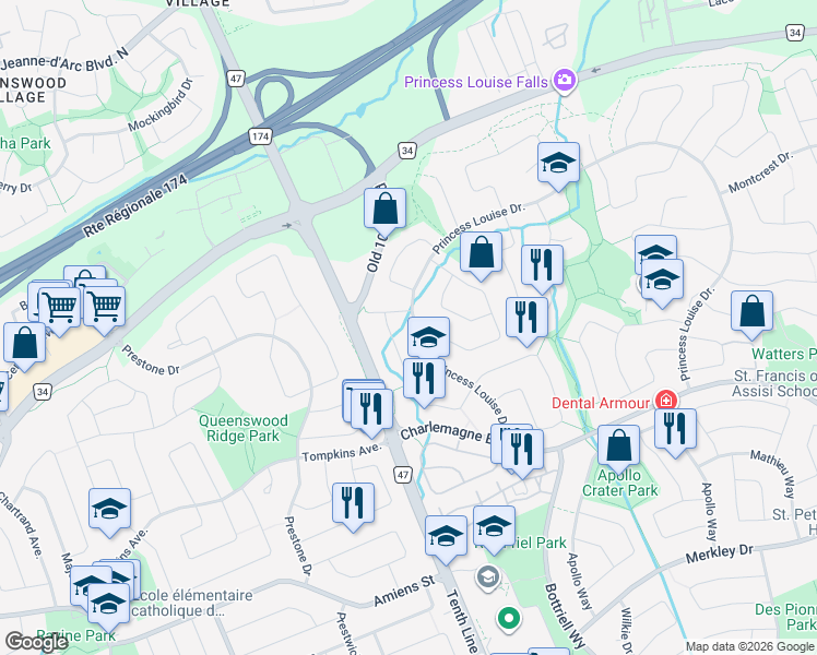 map of restaurants, bars, coffee shops, grocery stores, and more near 483 Princess Louise Drive in Ottawa