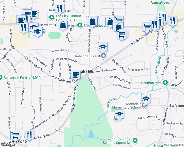 map of restaurants, bars, coffee shops, grocery stores, and more near 5400 Southwest Scholls Ferry Road in Portland