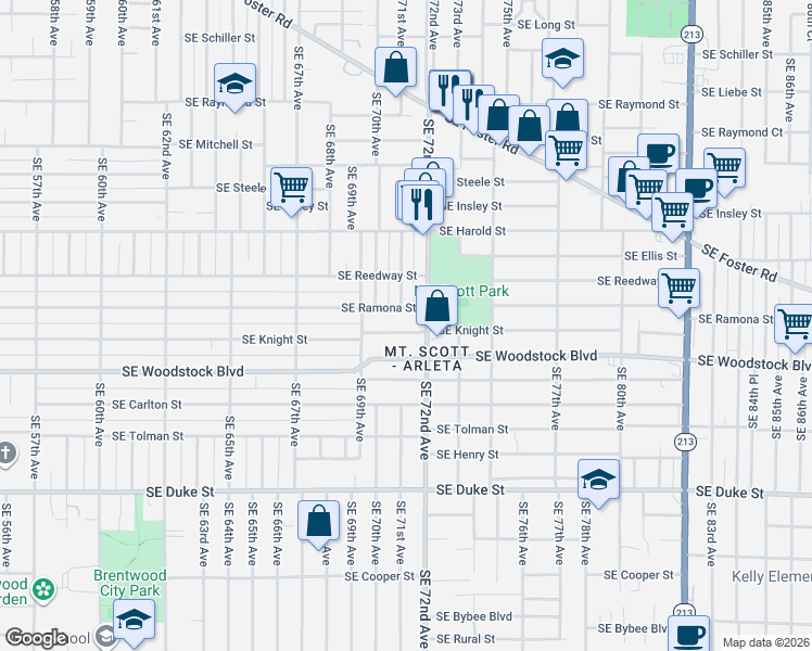 map of restaurants, bars, coffee shops, grocery stores, and more near 7119 Southeast Knight Street in Portland