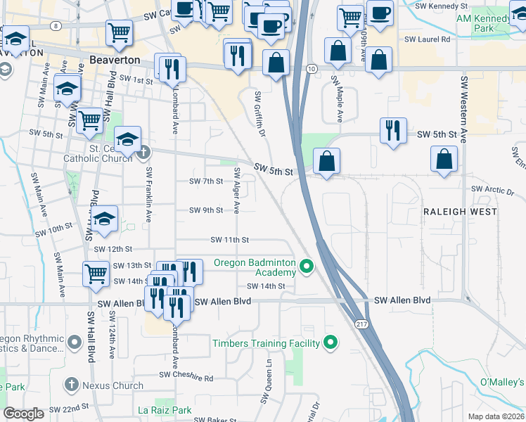 map of restaurants, bars, coffee shops, grocery stores, and more near 5476 Southwest Alger Avenue in Beaverton