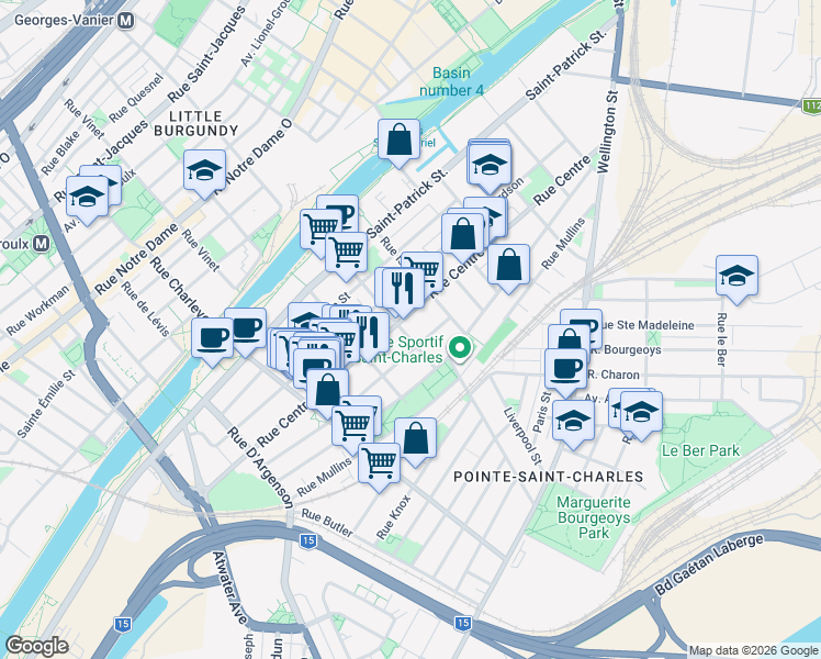 map of restaurants, bars, coffee shops, grocery stores, and more near 1179 Rue de Laprairie in Montréal