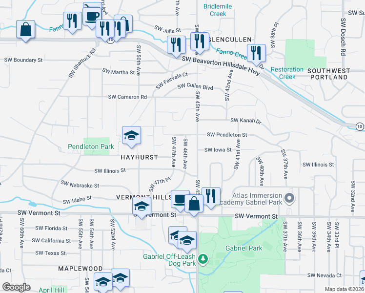 map of restaurants, bars, coffee shops, grocery stores, and more near 6021 Southwest 46th Avenue in Portland