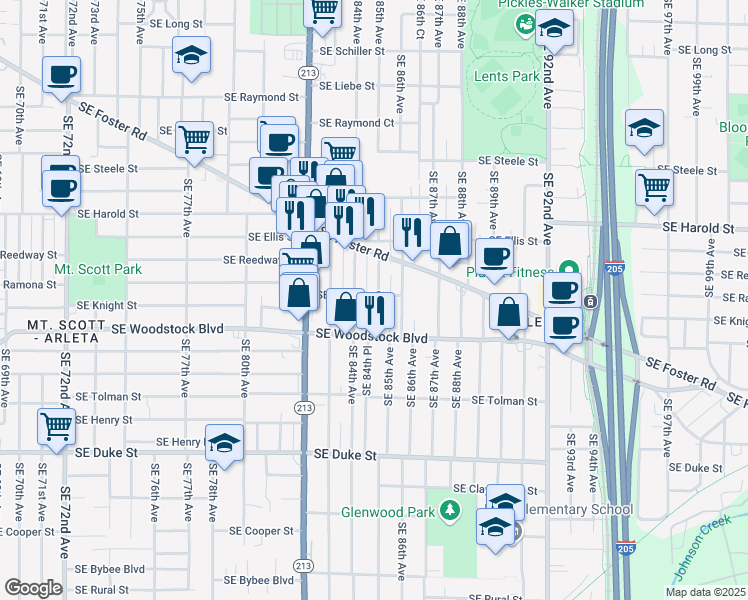 map of restaurants, bars, coffee shops, grocery stores, and more near 5805 Southeast 85th Avenue in Portland