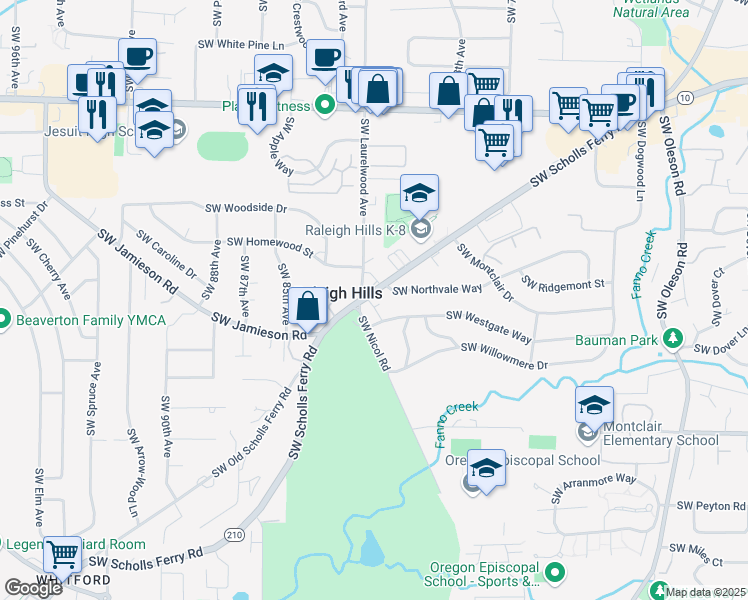 map of restaurants, bars, coffee shops, grocery stores, and more near 5406 Southwest Scholls Ferry Road in Portland