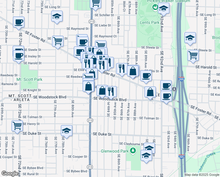 map of restaurants, bars, coffee shops, grocery stores, and more near 5805 Southeast 85th Avenue in Portland