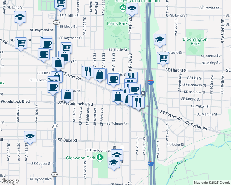 map of restaurants, bars, coffee shops, grocery stores, and more near 9005 Southeast Foster Road in Portland