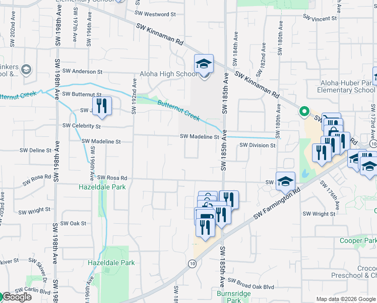 map of restaurants, bars, coffee shops, grocery stores, and more near 5430 Southwest 188th Avenue in Aloha