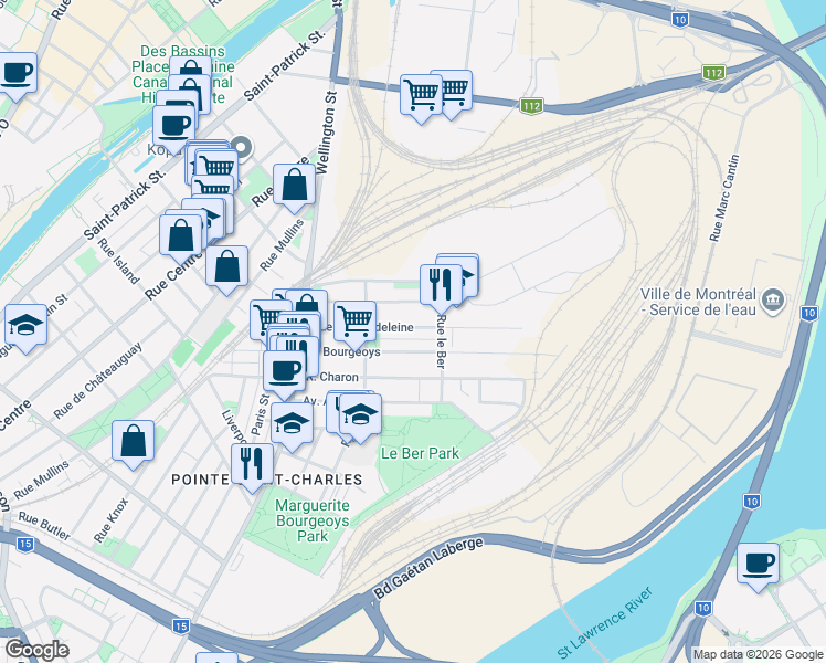 map of restaurants, bars, coffee shops, grocery stores, and more near 412 Rue Sainte Madeleine in Montréal