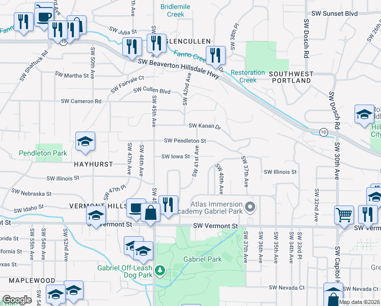 map of restaurants, bars, coffee shops, grocery stores, and more near 4115 Southwest Iowa Street in Portland