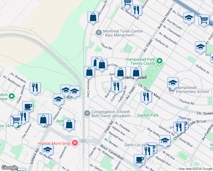 map of restaurants, bars, coffee shops, grocery stores, and more near 21 Rue Applewood in Hampstead