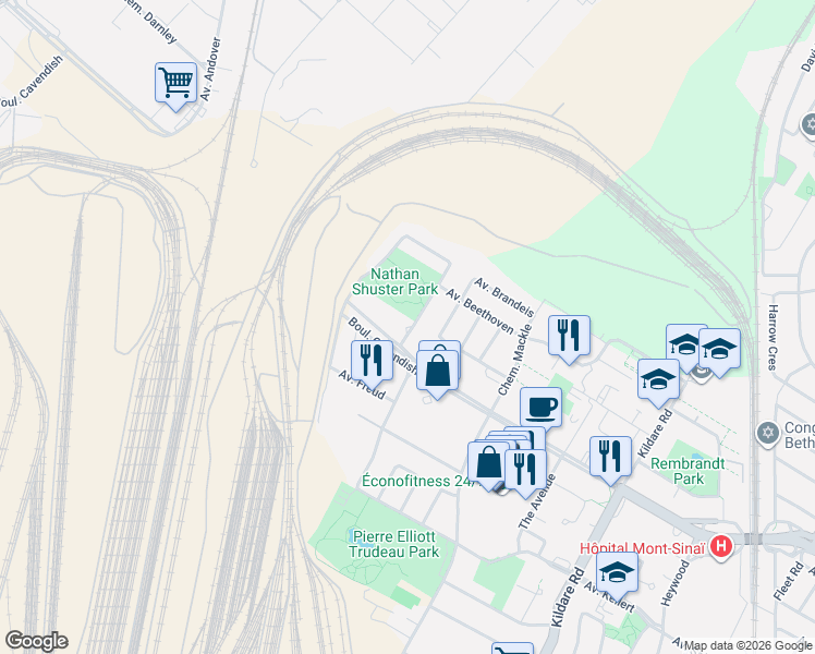 map of restaurants, bars, coffee shops, grocery stores, and more near 6565 Chemin Collins in Côte Saint-Luc