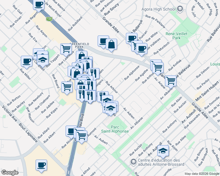 map of restaurants, bars, coffee shops, grocery stores, and more near 2130 Rue Arbour in Brossard