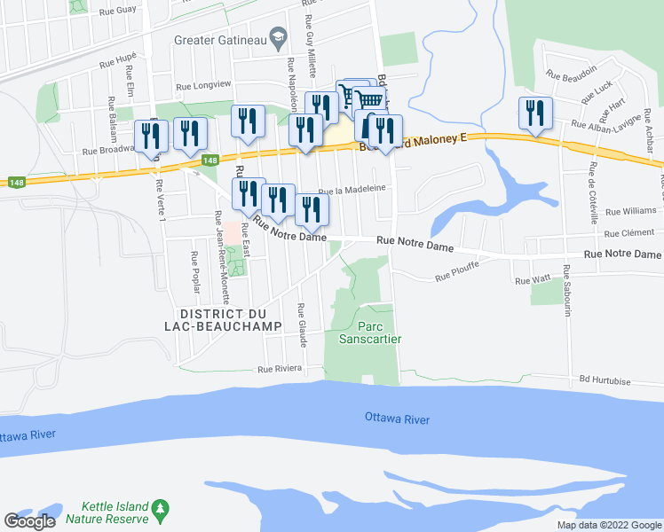 map of restaurants, bars, coffee shops, grocery stores, and more near 336 Rue Saint-André in Gatineau