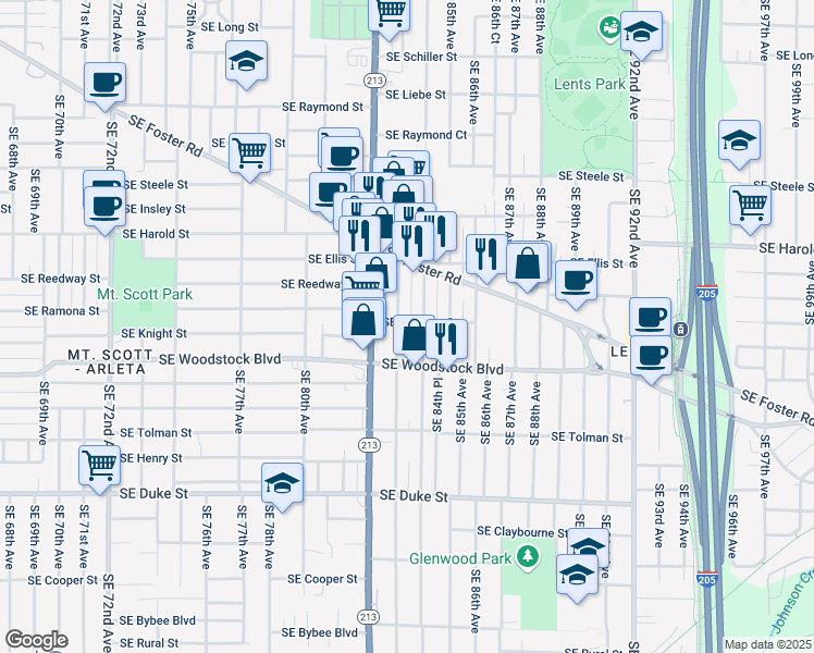 map of restaurants, bars, coffee shops, grocery stores, and more near 5837 Southeast 84th Avenue in Portland