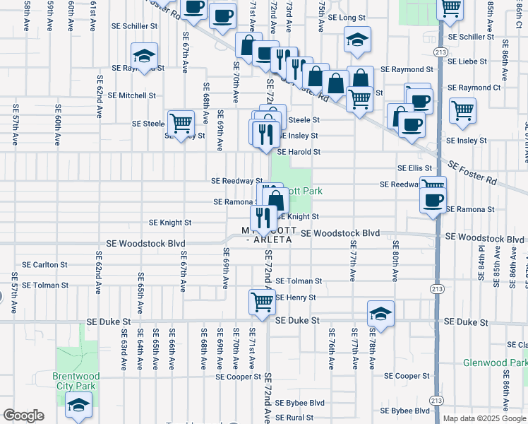 map of restaurants, bars, coffee shops, grocery stores, and more near 7211 Southeast Woodstock Interchge in Portland