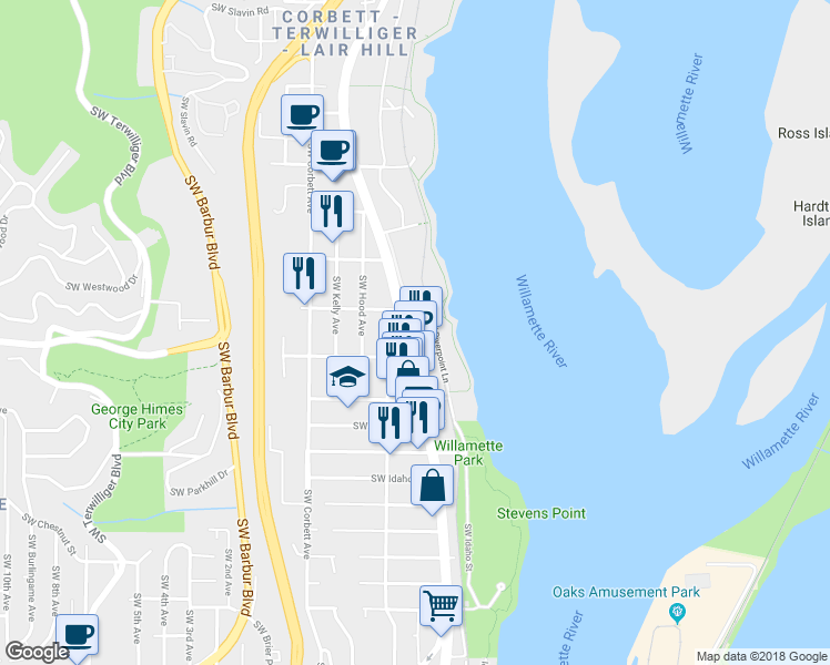 map of restaurants, bars, coffee shops, grocery stores, and more near 5858 Southwest Riveridge Lane in Portland