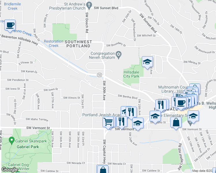 map of restaurants, bars, coffee shops, grocery stores, and more near 2923 Southwest Bertha Boulevard in Portland