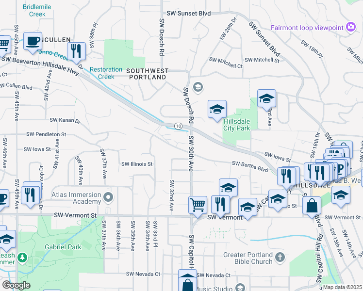 map of restaurants, bars, coffee shops, grocery stores, and more near 3121 Southwest Iowa Street in Portland