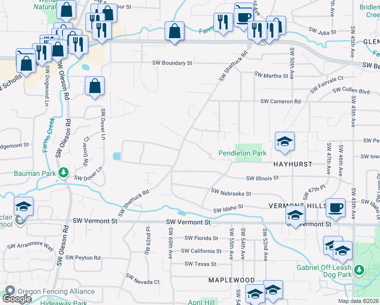 map of restaurants, bars, coffee shops, grocery stores, and more near 6120 Southwest Shattuck Road in Portland