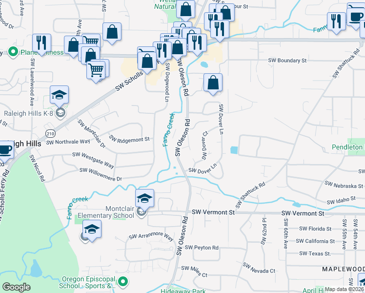 map of restaurants, bars, coffee shops, grocery stores, and more near 5485 Southwest Ames Way in Portland