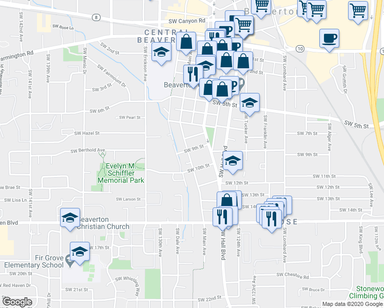 map of restaurants, bars, coffee shops, grocery stores, and more near 5470 Southwest Main Avenue in Beaverton