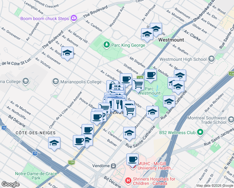 map of restaurants, bars, coffee shops, grocery stores, and more near 422 Avenue Roslyn in Westmount