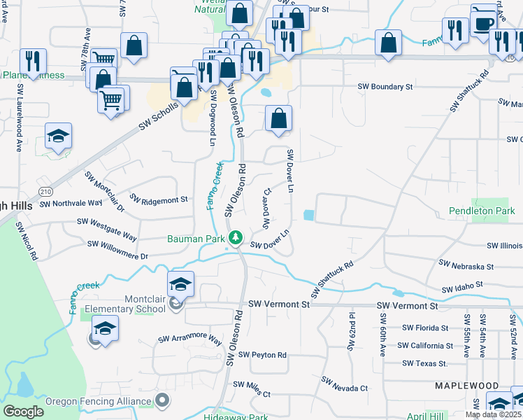 map of restaurants, bars, coffee shops, grocery stores, and more near 5411 Southwest Dover Court in Portland