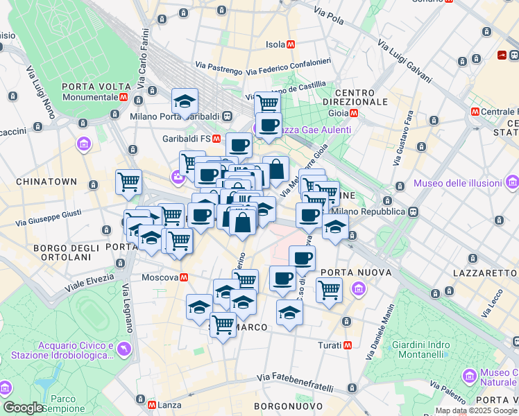map of restaurants, bars, coffee shops, grocery stores, and more near 3 Viale Monte Grappa in Milano