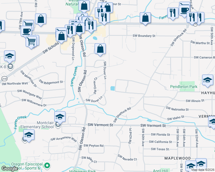 map of restaurants, bars, coffee shops, grocery stores, and more near 5410 Southwest Dover Lane in Portland