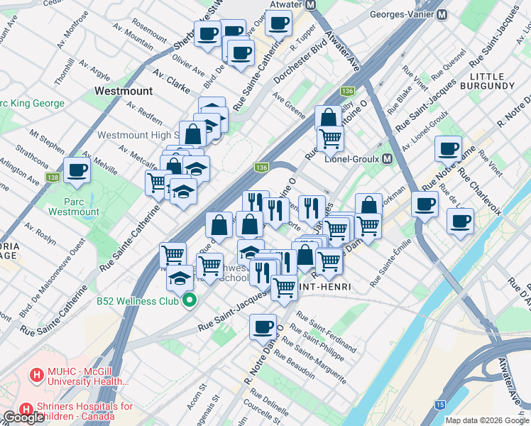 map of restaurants, bars, coffee shops, grocery stores, and more near 3917 Rue Saint-Antoine Ouest in Montréal