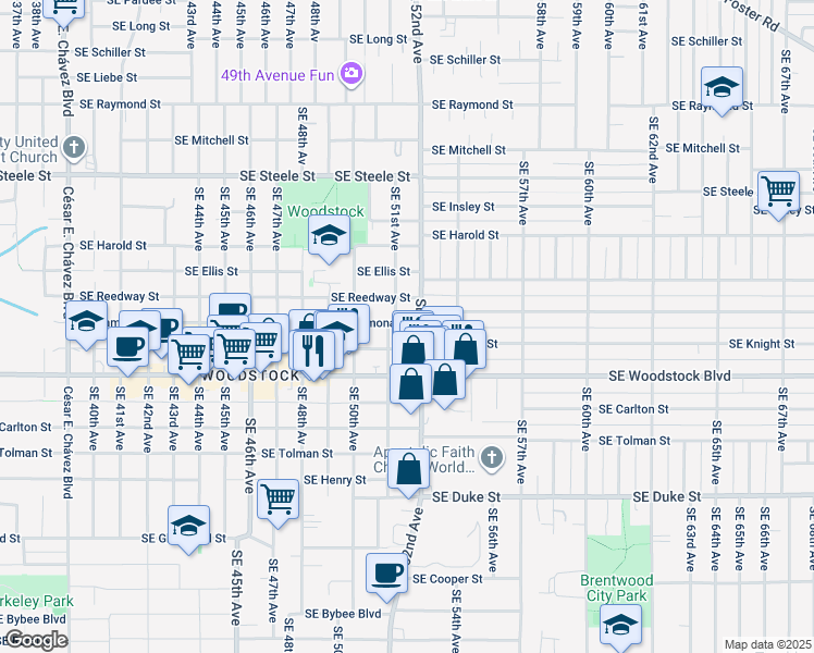 map of restaurants, bars, coffee shops, grocery stores, and more near 5140 Southeast Ramona Street in Portland