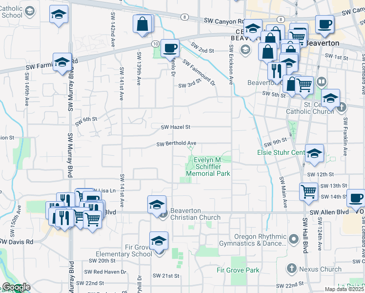 map of restaurants, bars, coffee shops, grocery stores, and more near 5470 Southwest Menlo Drive in Beaverton