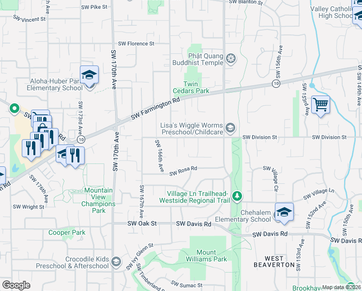 map of restaurants, bars, coffee shops, grocery stores, and more near 16345 Southwest Deline Court in Beaverton