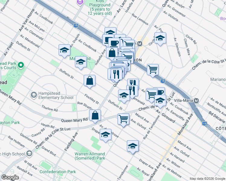 map of restaurants, bars, coffee shops, grocery stores, and more near 5540 Chemin Queen Mary in Montréal