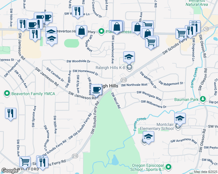 map of restaurants, bars, coffee shops, grocery stores, and more near in Raleigh Hills