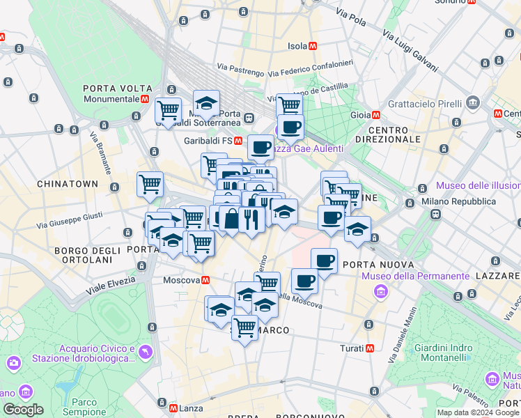 map of restaurants, bars, coffee shops, grocery stores, and more near 10 Piazza XXV Aprile in Milano