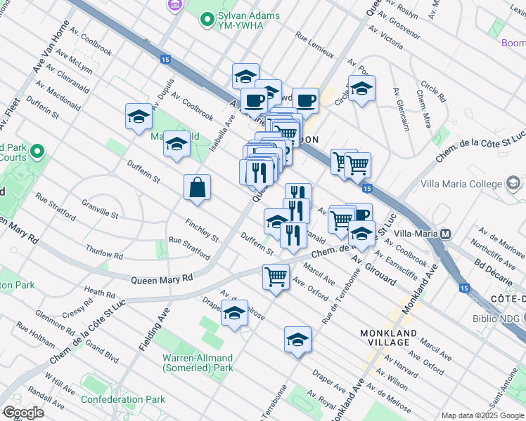 map of restaurants, bars, coffee shops, grocery stores, and more near 5050 Avenue Clanranald in Montréal