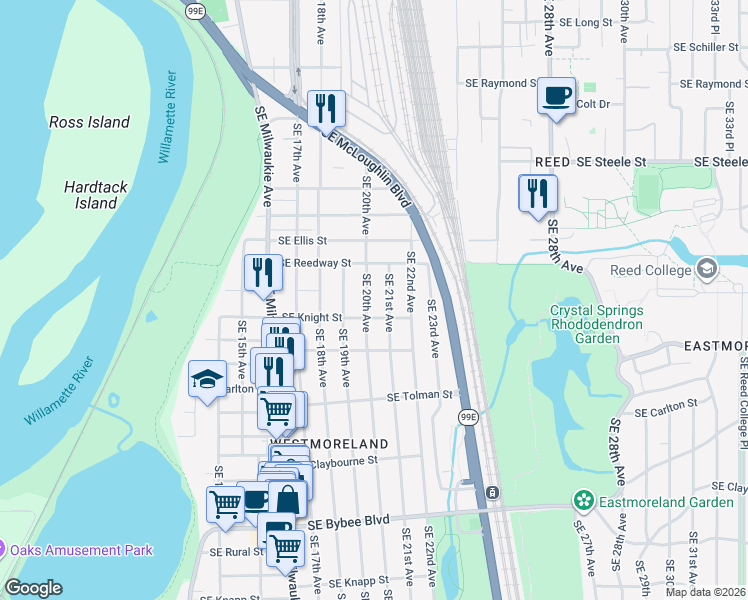map of restaurants, bars, coffee shops, grocery stores, and more near 5814 Southeast 20th Avenue in Portland