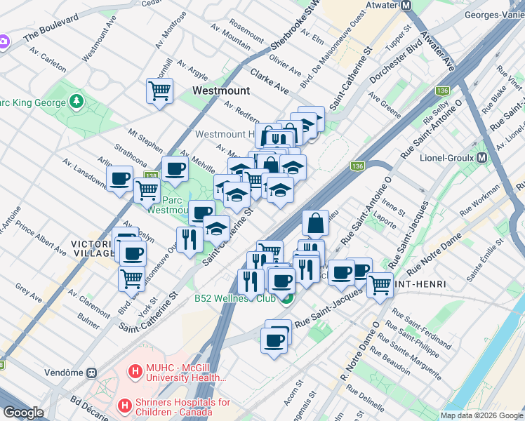 map of restaurants, bars, coffee shops, grocery stores, and more near 147 Avenue Abbott in Westmount