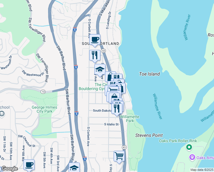 map of restaurants, bars, coffee shops, grocery stores, and more near 5959 South Virginia Avenue in Portland