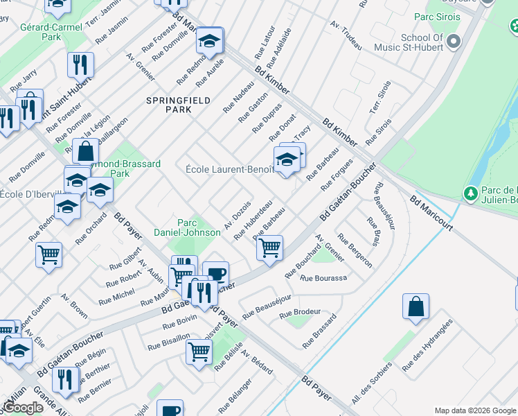 map of restaurants, bars, coffee shops, grocery stores, and more near 4400 Rue Huberdeau in Longueuil